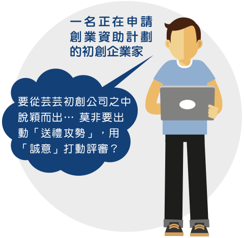 一名正在申請創業資助計劃的初創企業家：『要從芸芸初創公司之中脫穎而出…  莫非要出動「送禮攻勢」，用「誠意」打動評審？』