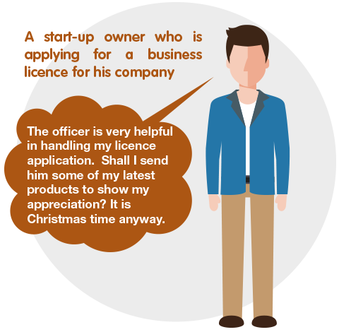 A start-up owner who is applying for a business license for his company. The officer is very helpful in handling my license application.  Shall I send him some of my latest products to show my appreciation? It is Christmas time anyway.