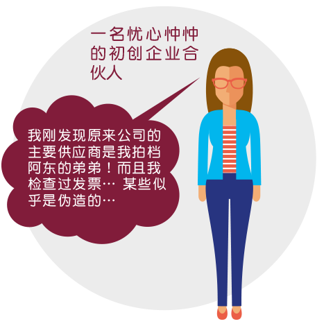 一名忧心忡忡的初创企业合伙人:我刚发现原来公司的主要供应商是我拍档阿东的弟弟！而且我检查过单据… 某些似乎是伪造的…