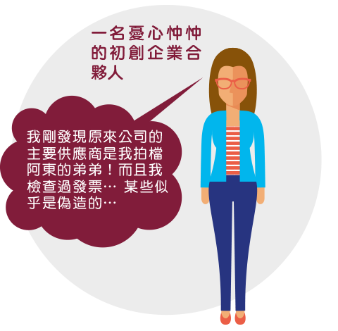 一名憂心忡忡的初創企業合伙人:我剛發現原來公司的主要供應商是我拍檔阿東的弟弟！而且我檢查過單據… 某些似乎是偽造的…